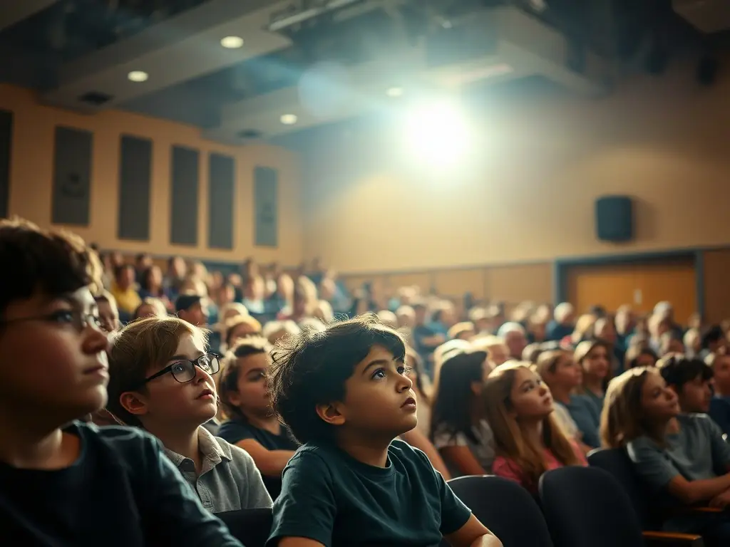 A heartwarming scene of students attentively watching a theatrical performance in their school auditorium, showcasing the impact of theater on young minds.