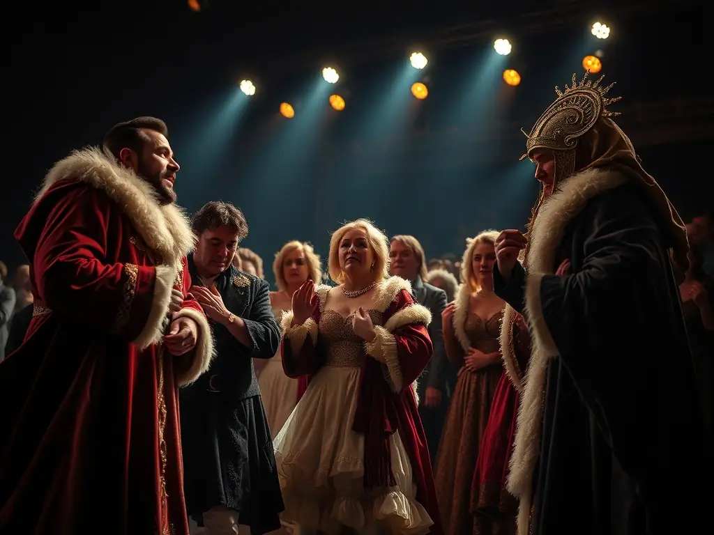 A vibrant image of actors performing a scene from a theatrical play, showcasing the energy and passion of live performance.