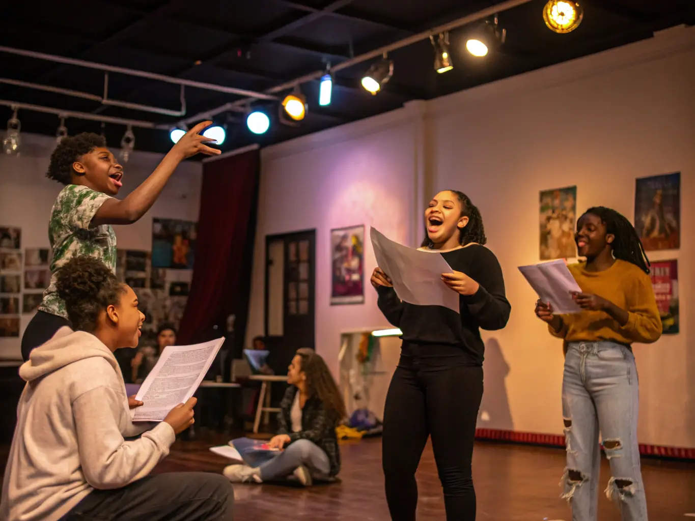A dynamic photo of children and adults actively participating in a theater workshop, with instructors guiding them through various acting exercises.