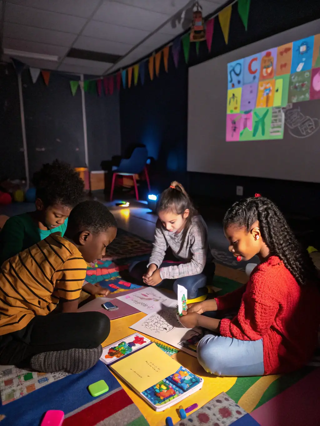 A group of children participating in an art therapy session at a SCI Groupe SOS Jeunesse community center, showcasing creative expression and emotional support.