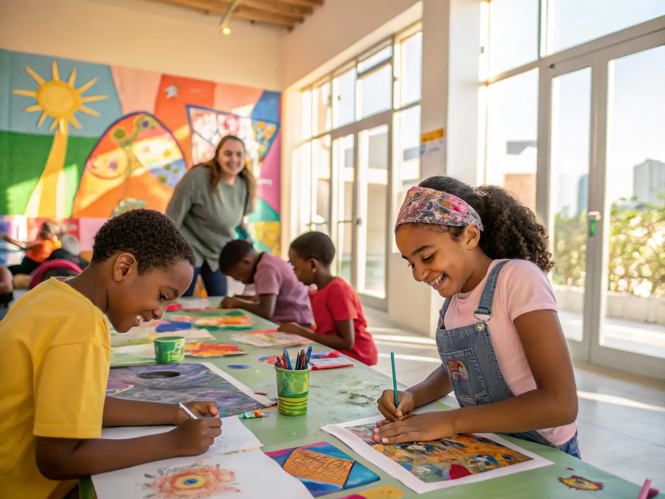 A modern, brightly lit community center with children participating in an art workshop, showcasing a safe and engaging environment.
