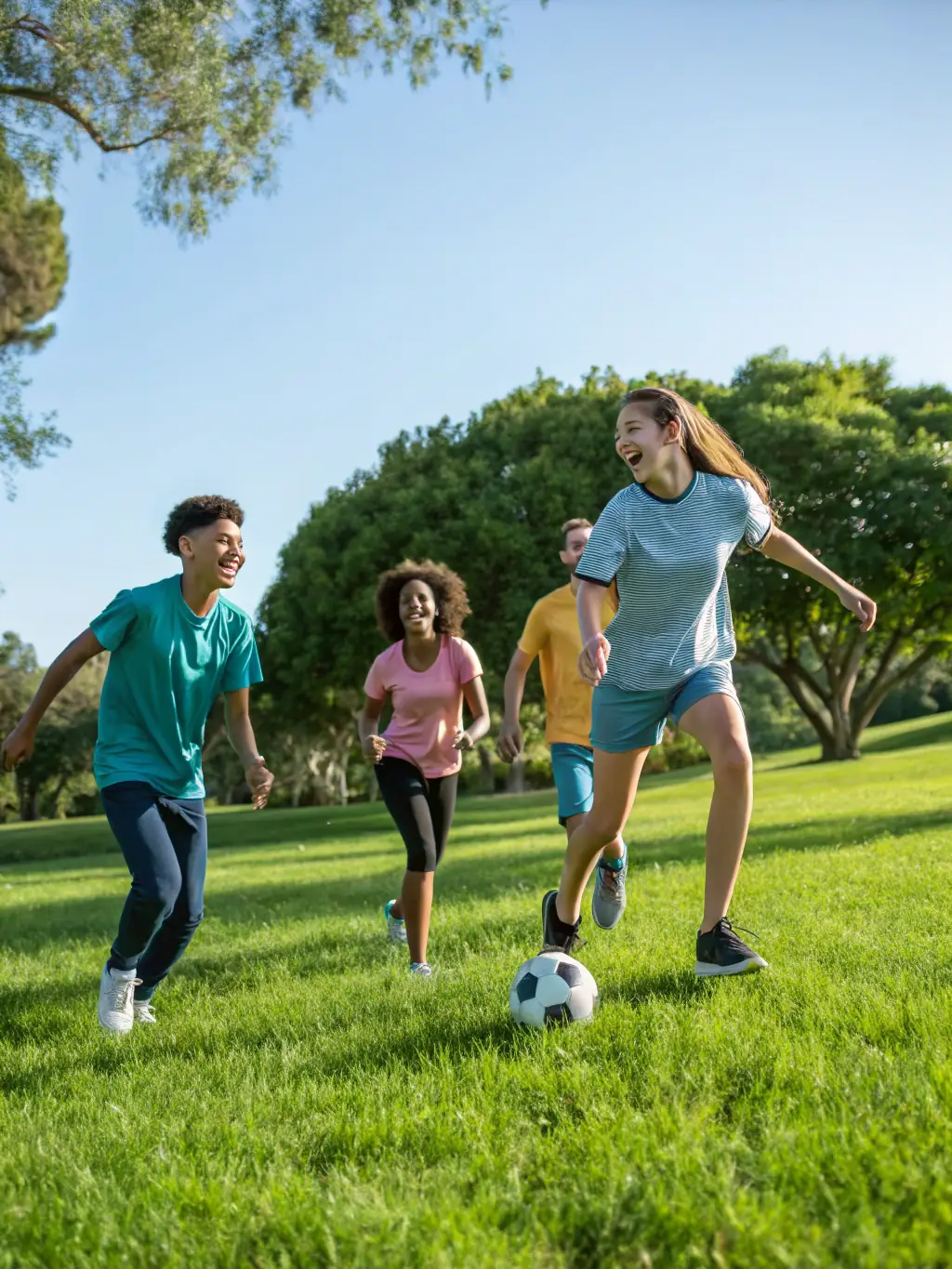 A group of teenagers participating in a sports activity in a well-maintained outdoor space, highlighting recreational programs enabled by SCI Groupe SOS Jeunesse.