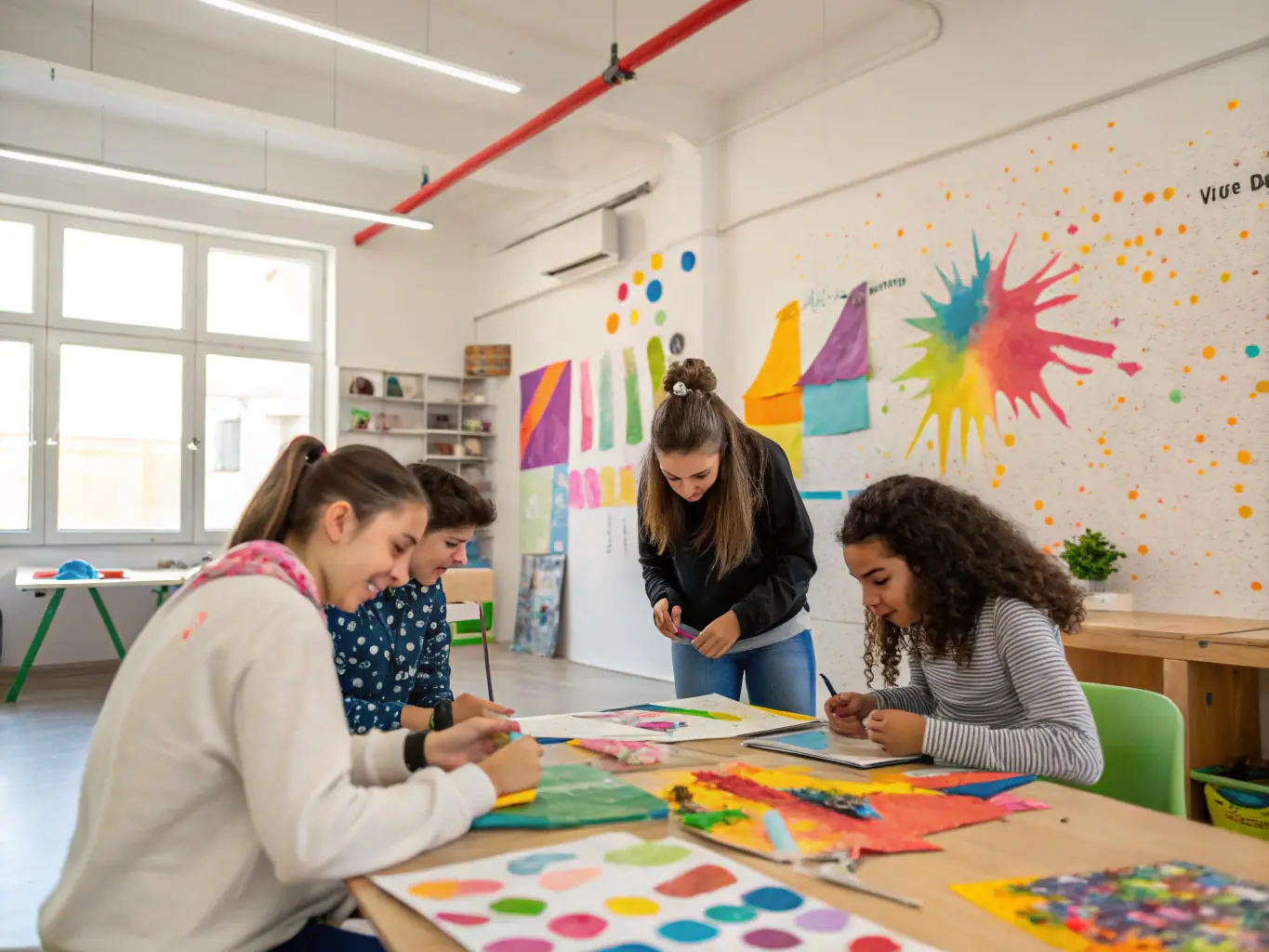 A photograph of a group of young artists participating in an ASSOCIATION ARTE MARE-sponsored workshop, focused on traditional Mediterranean art techniques.