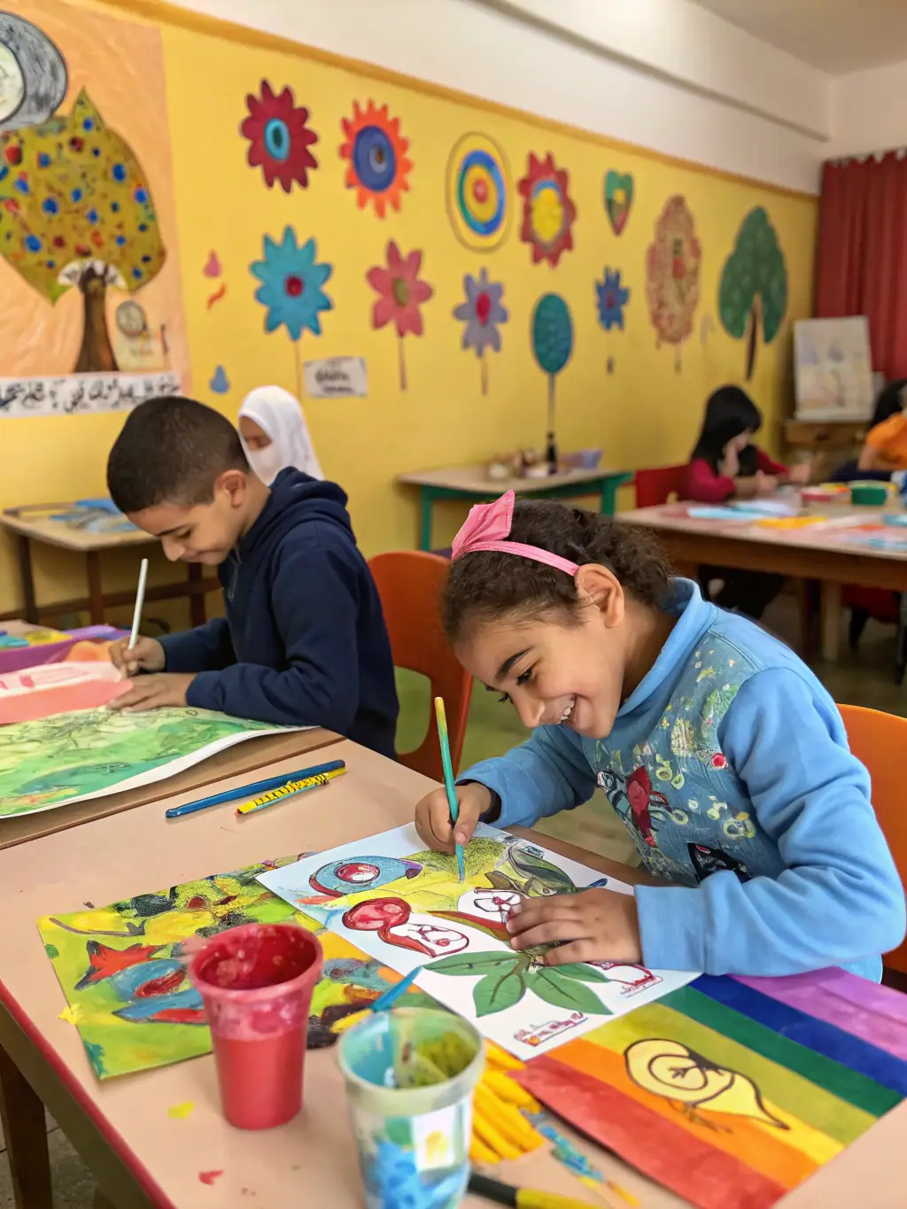 Children participating in an art workshop in a creative studio, demonstrating the cultural enrichment programs supported by SCI Groupe SOS Jeunesse.