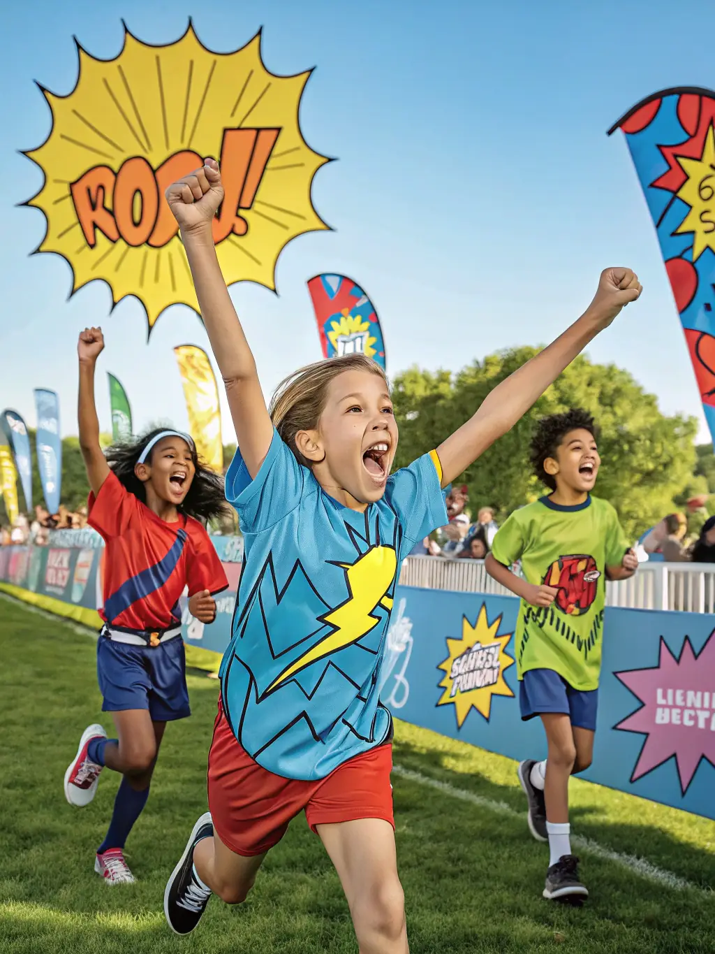 A vibrant image of children engaged in a sports activity at a SCI Groupe SOS Jeunesse-supported recreational facility, promoting physical health and teamwork.