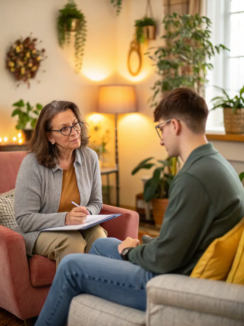 A counseling session in a comfortable, private room, illustrating the mental health support services offered within SCI Groupe SOS Jeunesse's properties.
